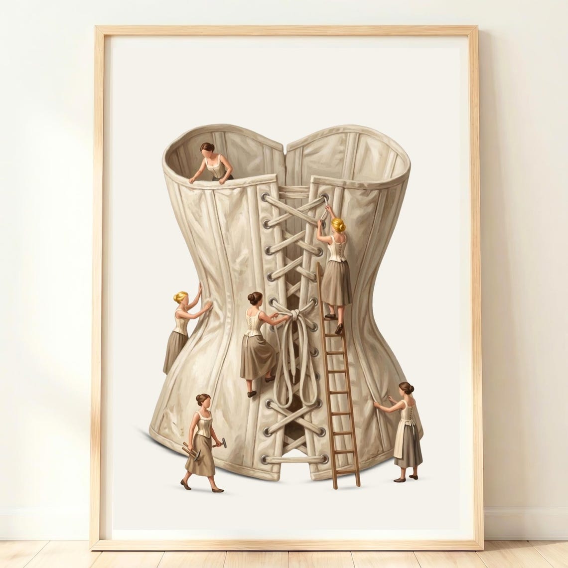 Giant Ivory Corset Tiny Seamstresses Whimsical Fashion Poster