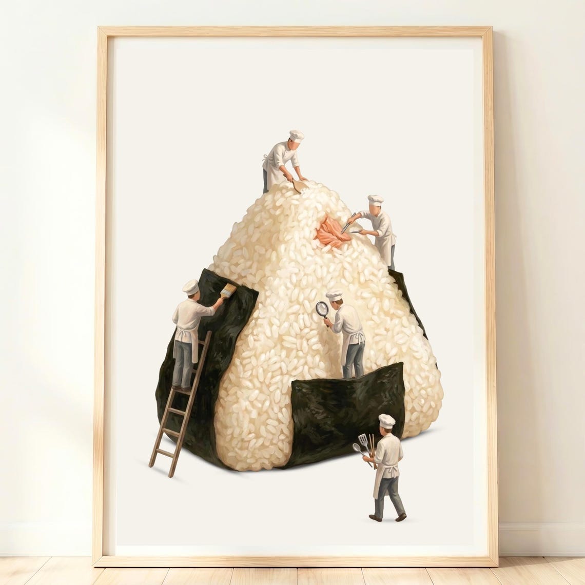 Tiny Chefs Building Giant Salmon Onigiri Rice Ball Whimsical Poster