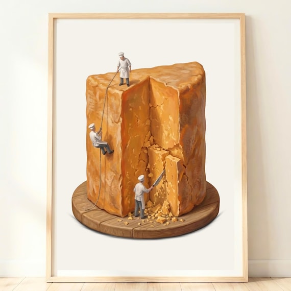 Giant Cheddar Cheese Block Tiny Chefs Whimsical Kitchen Poster