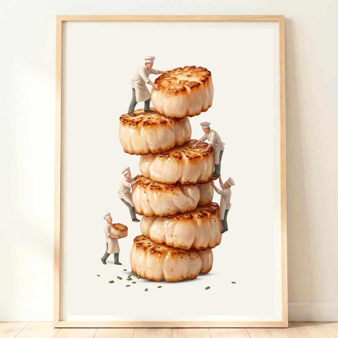 Tower Of Seared Scallops With Tiny Chefs Stacking Seafood Poster