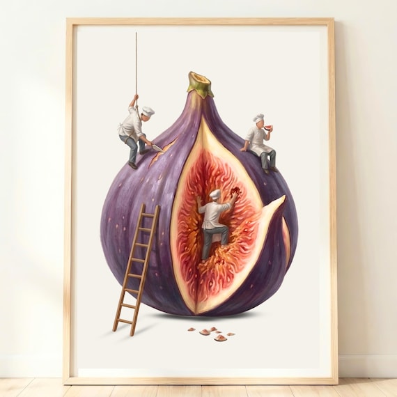 Giant Fig With Tiny Chefs Purple Fruit Gourmet Kitchen Wall Print