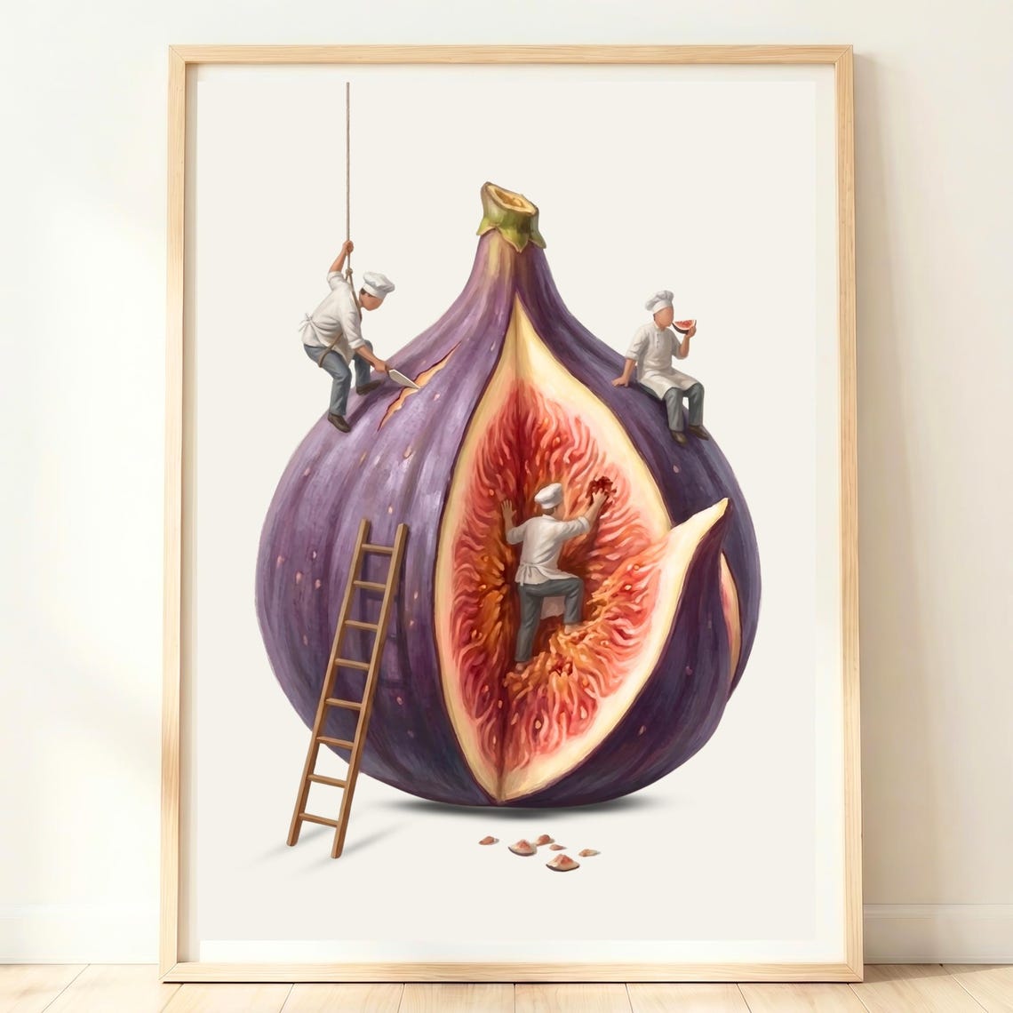 Giant Fig With Tiny Chefs Purple Fruit Gourmet Kitchen Wall Print