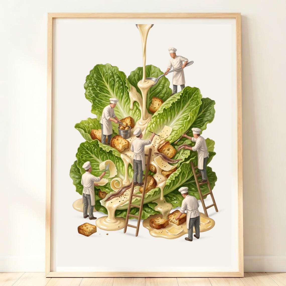 Tiny Chefs Giant Caesar Salad Whimsical Kitchen Food Art Poster