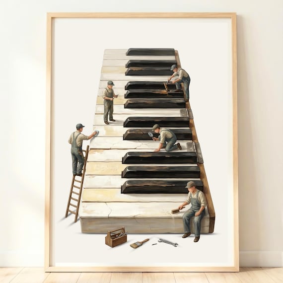 Giant Piano Keyboard Repair Tiny Workers Whimsical Music Decor Poster