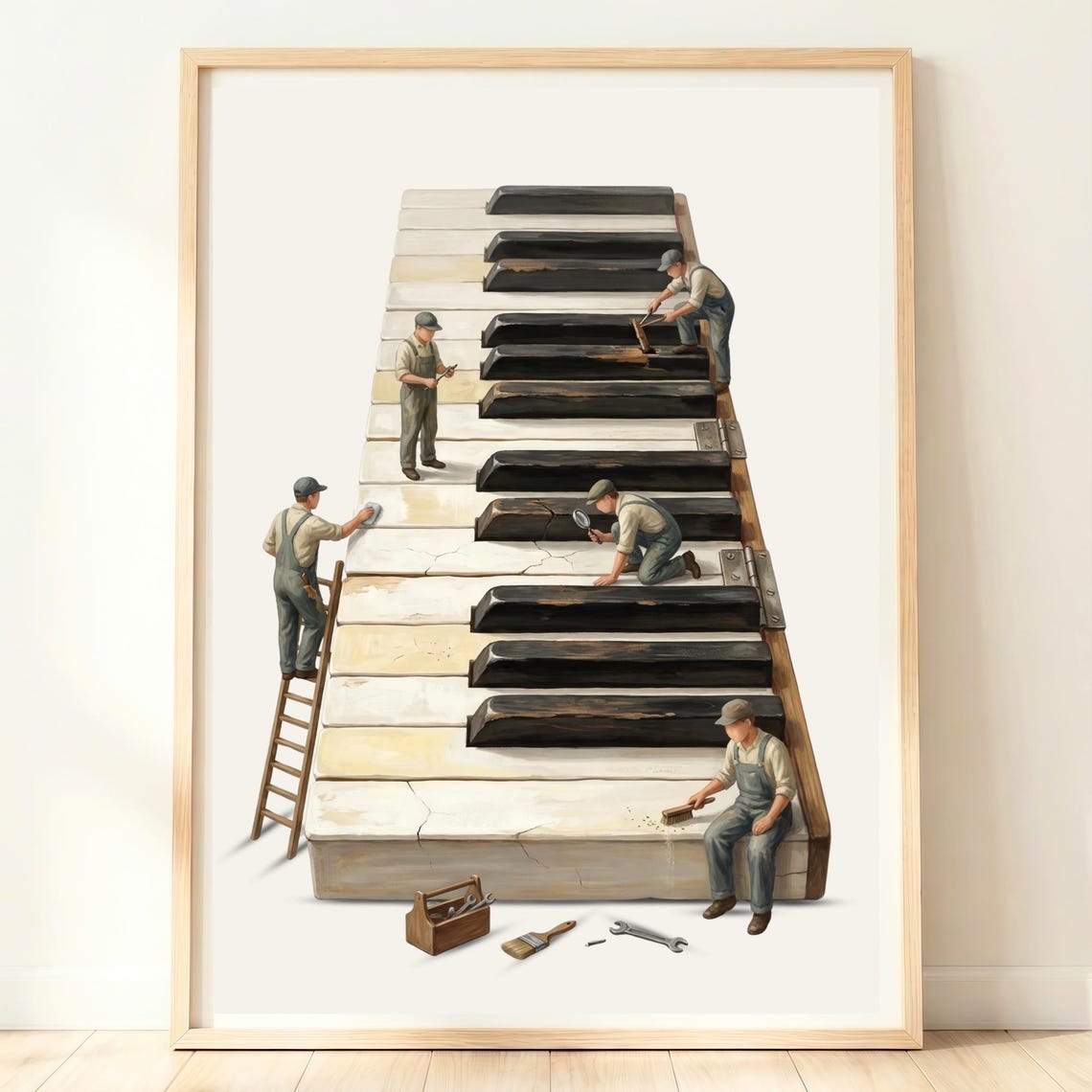 Giant Piano Keyboard Repair Tiny Workers Whimsical Music Decor Poster