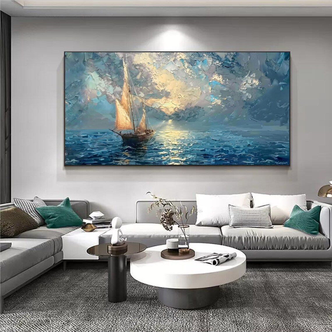 Sailboat With Golden Sails Crossing Sunrise Sea Panoramic Art Poster - Image 4