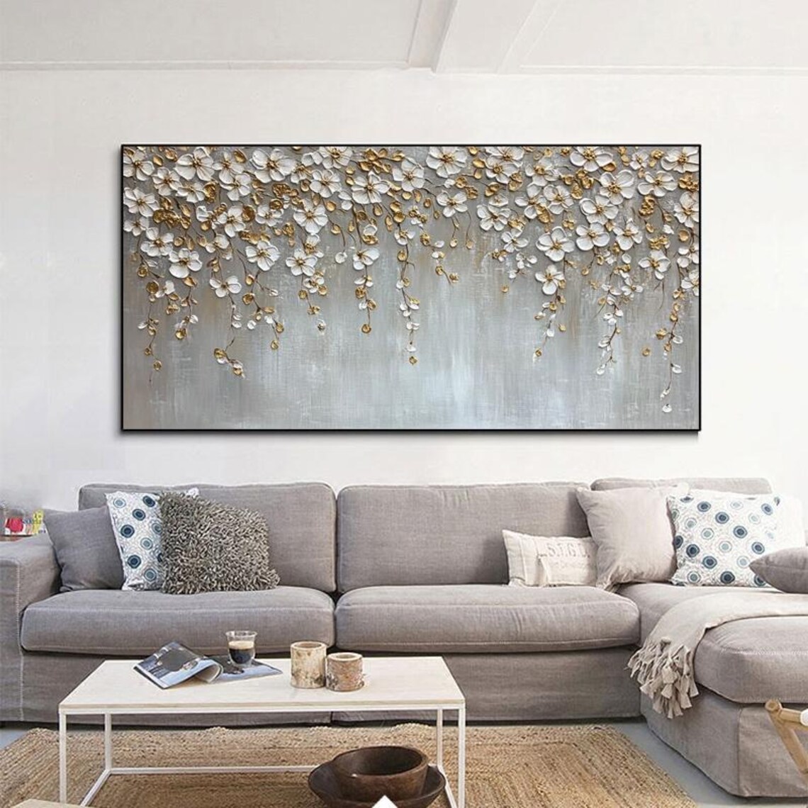 White Hanging Blossom Branch Gold Accent Floral Art Painting Poster - Image 6