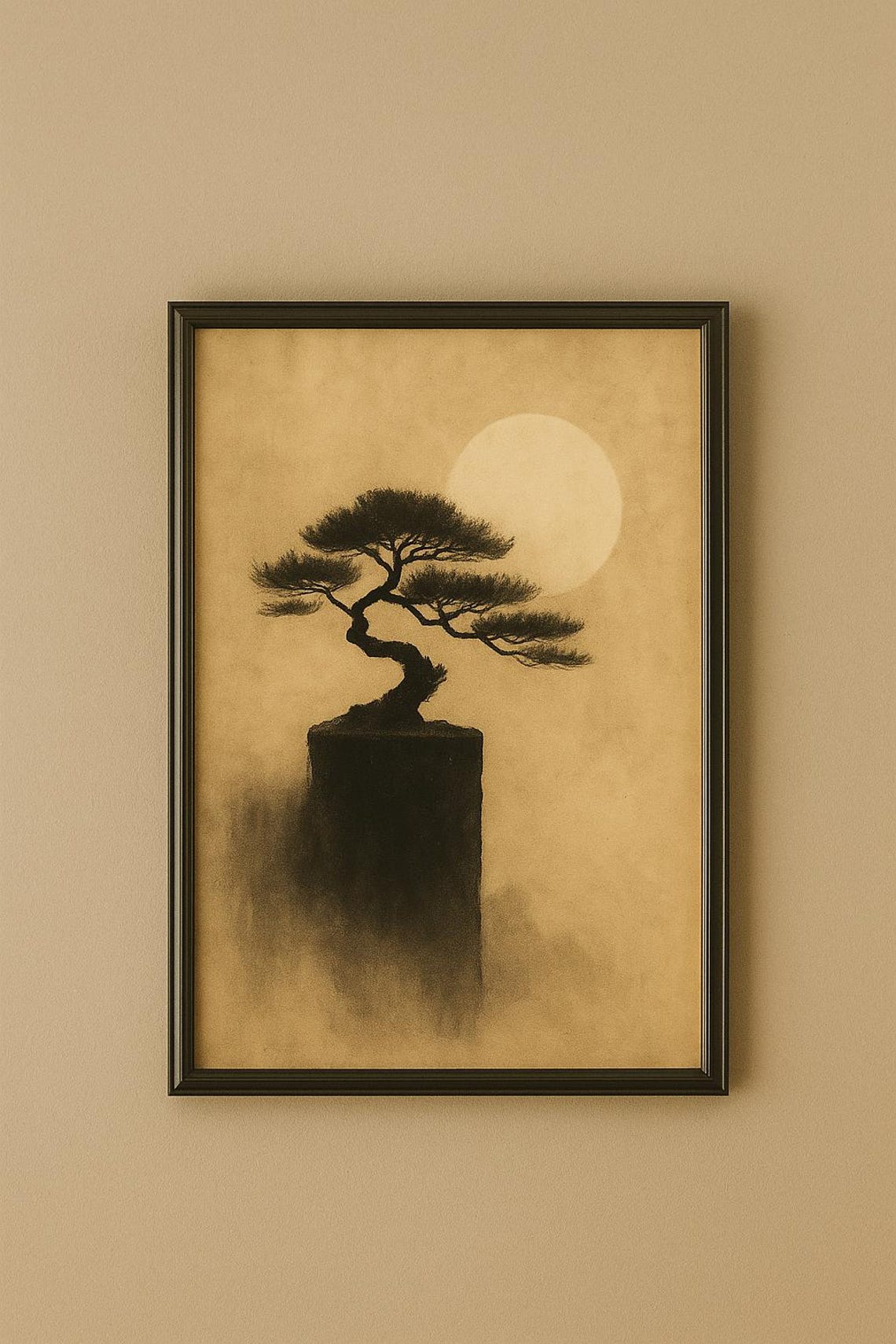 Japanese Ink Bonsai Tree Silhouette Under Full Moon Painting Poster