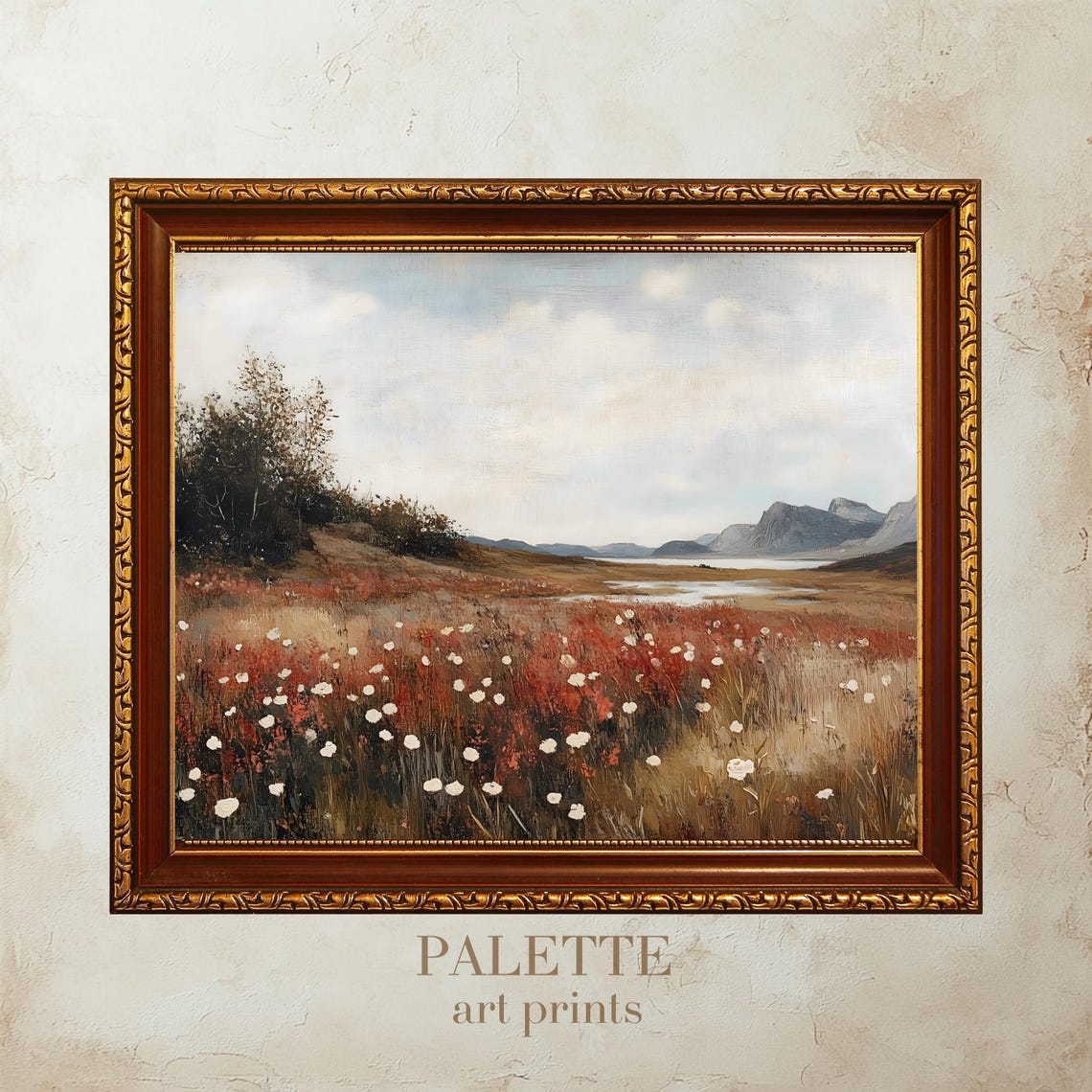 Mountain Meadow With Warm Red Wildflowers Under A Soft Sky Poster