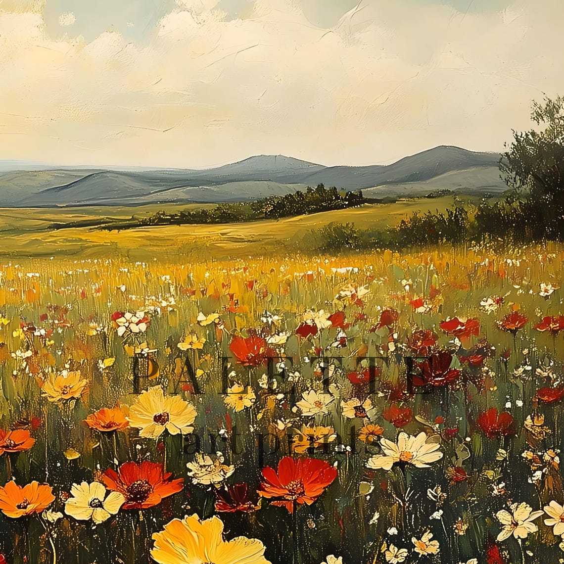 Vibrant Red Orange Wildflower Field Rolling Hills Sky Wall Art - Image 2