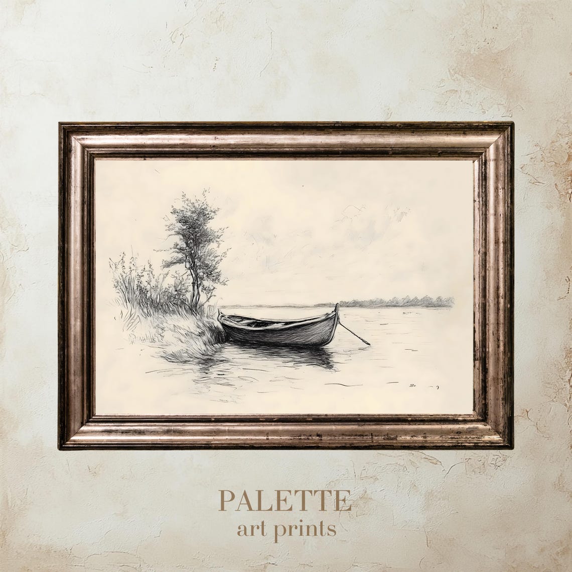 Rowboat Riverbank Ink Sketch Serene Lake Minimalist Art Print - Image 2