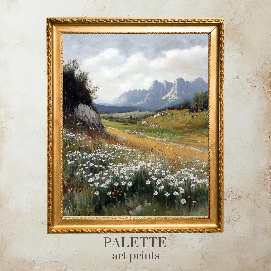 Mountain Meadow With Daisies, Scenic Landscape Art