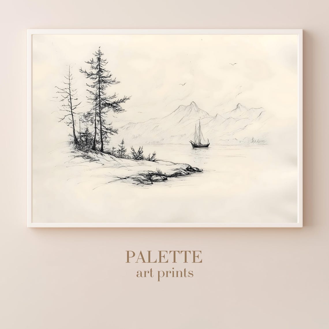 Mountain Lake Sailboat Pine Shore Minimalist Pencil Sketch Print - Image 3