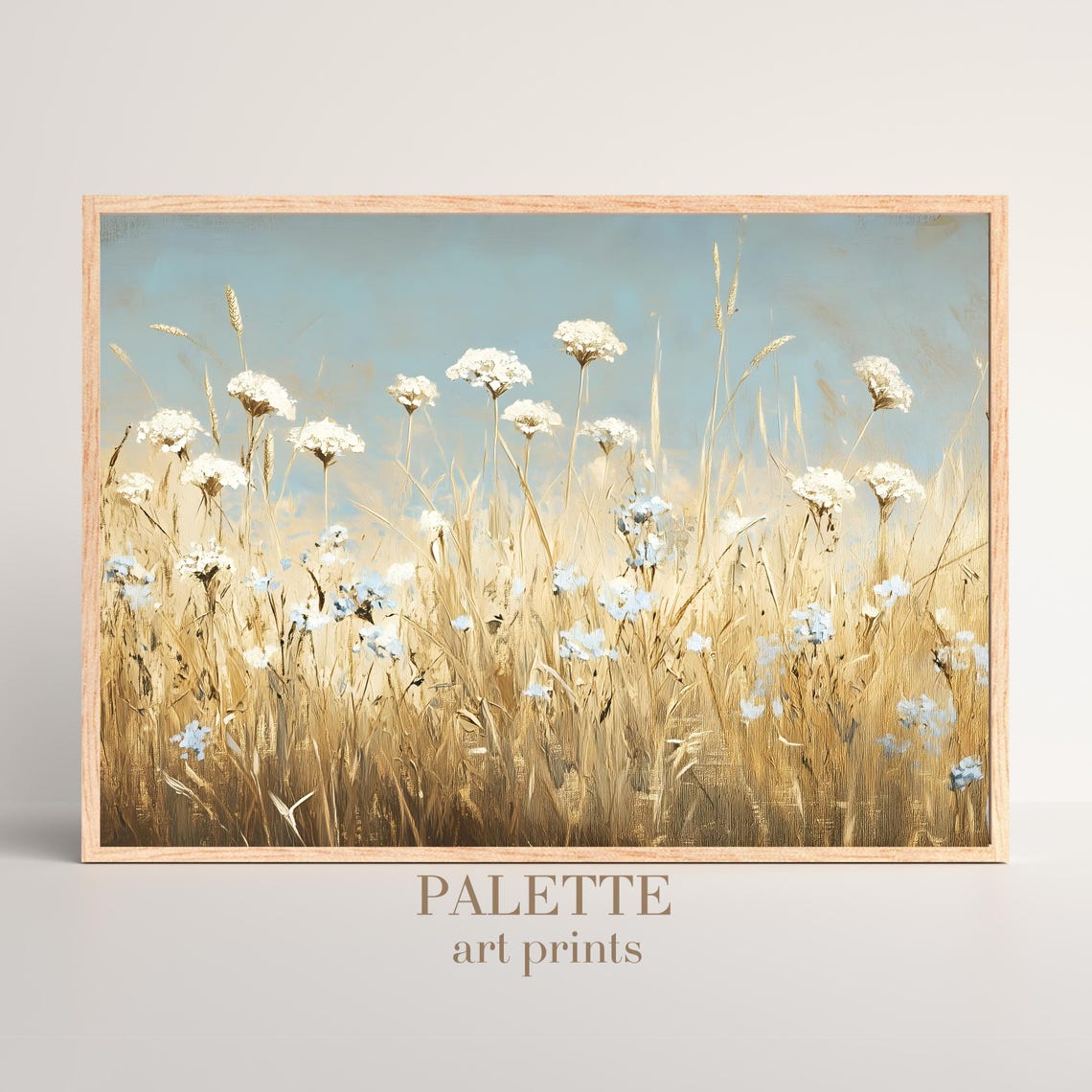White Wildflowers Wheat Field Blue Sky Painting Summer Wall Poster - Image 3