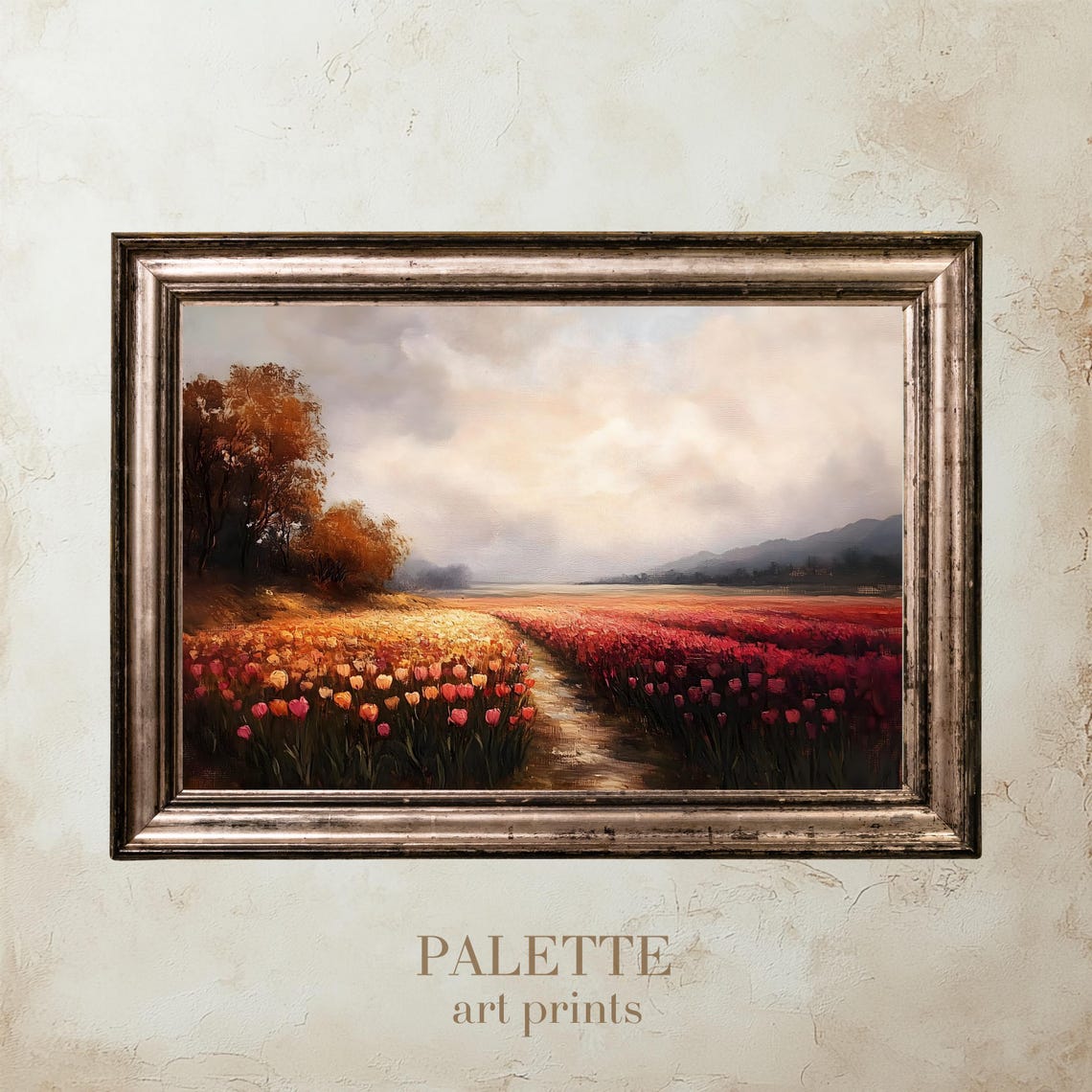 Blooming Tulip Field Rows Glowing Under A Warm Sunset Sky Poster