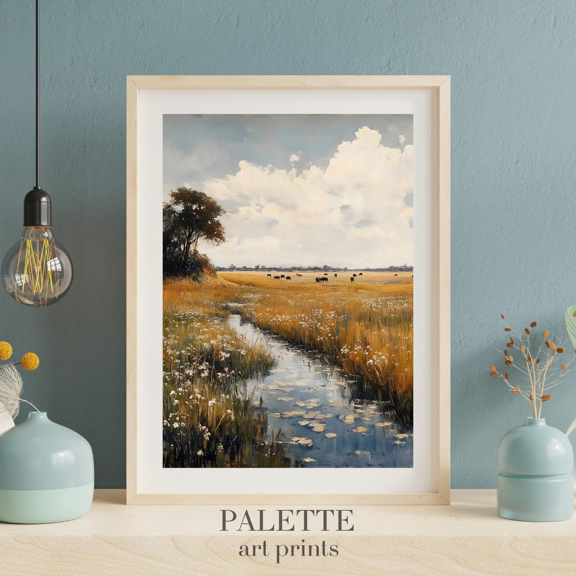 Golden Meadow Stream Cattle Grazing Rustic Pastoral Art Print - Image 3