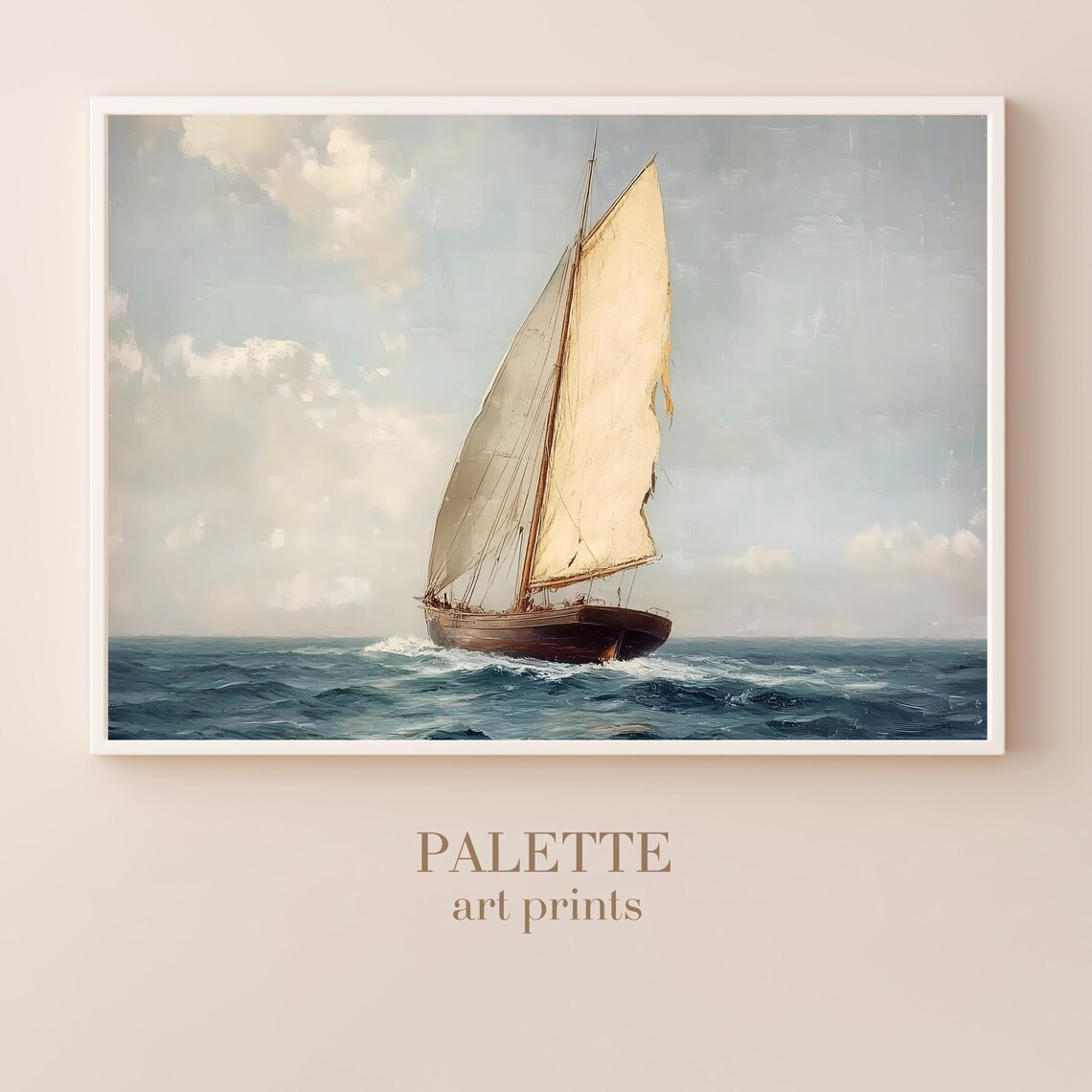 Vintage Sailing Ship Full Sails Ocean Oil Painting Nautical Wall Poster