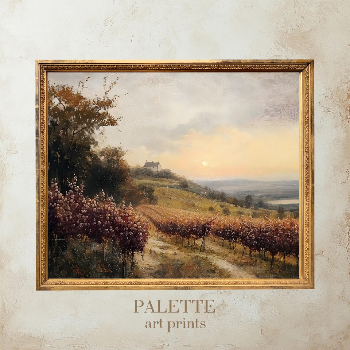 Vineyard Sunset Painting, Warm Countryside Landscape