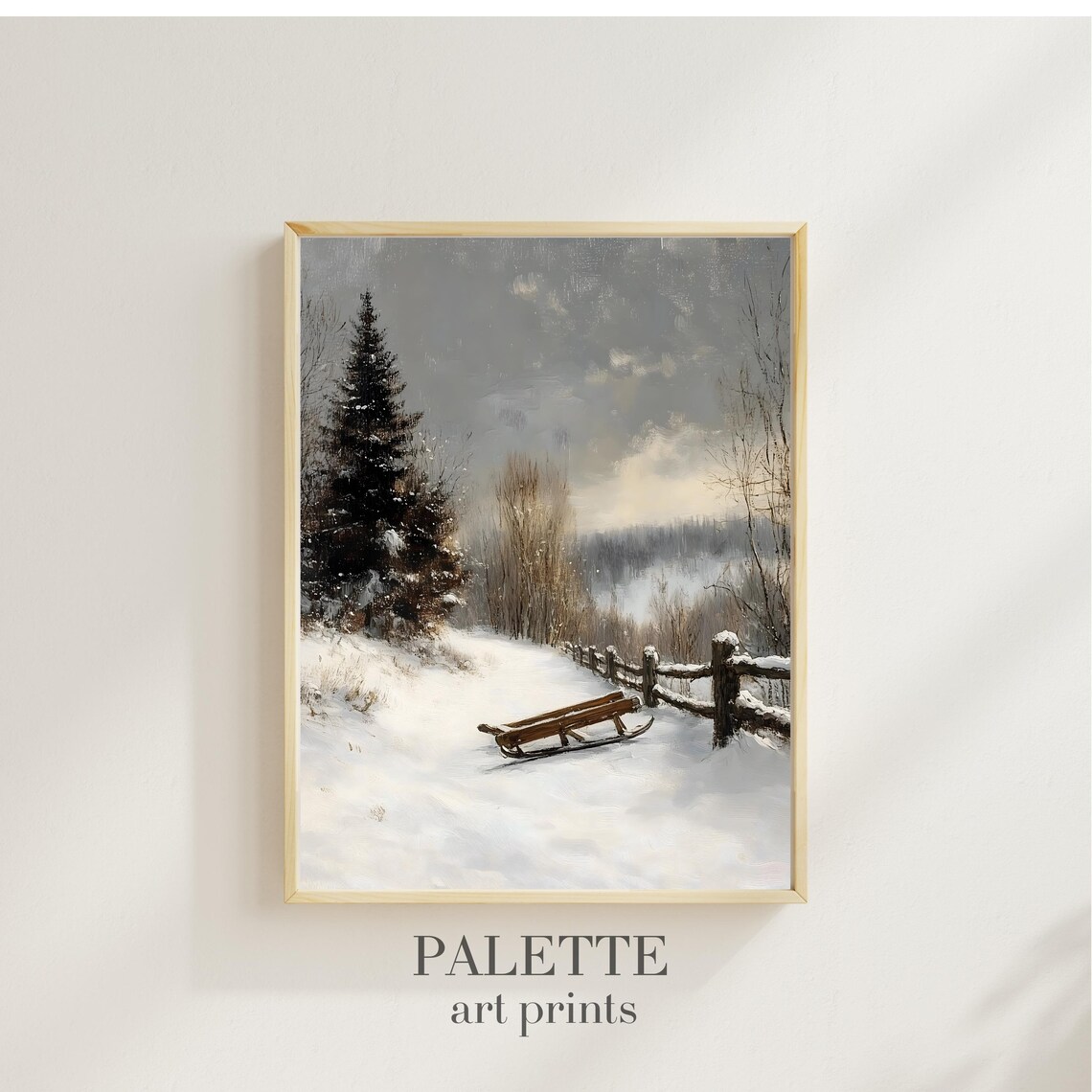 Wooden Sled Snowy Path Rustic Fence Winter Landscape Art Print