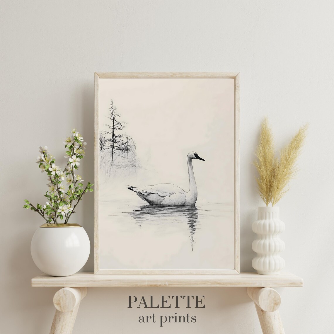 Graceful Swan Floating on Calm Water Minimal Pencil Drawing Wall Art - Image 3