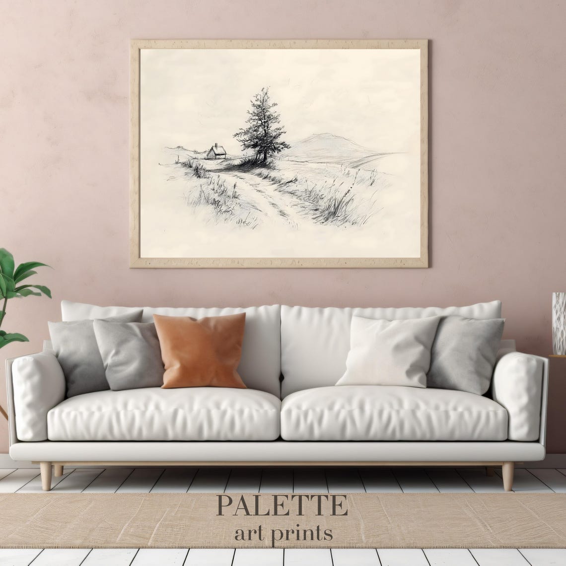Minimalist Sketch of Cottage Tree and Country Path Drawing Poster - Image 3