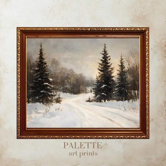 Snowy Forest Road Through Tall Evergreens Winter Landscape Poster