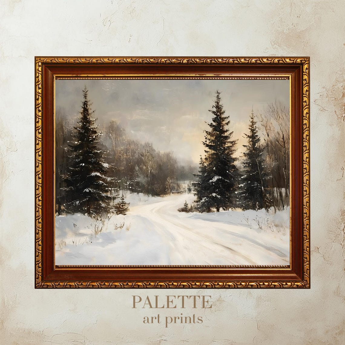 Snowy Forest Road Through Tall Evergreens Winter Landscape Poster