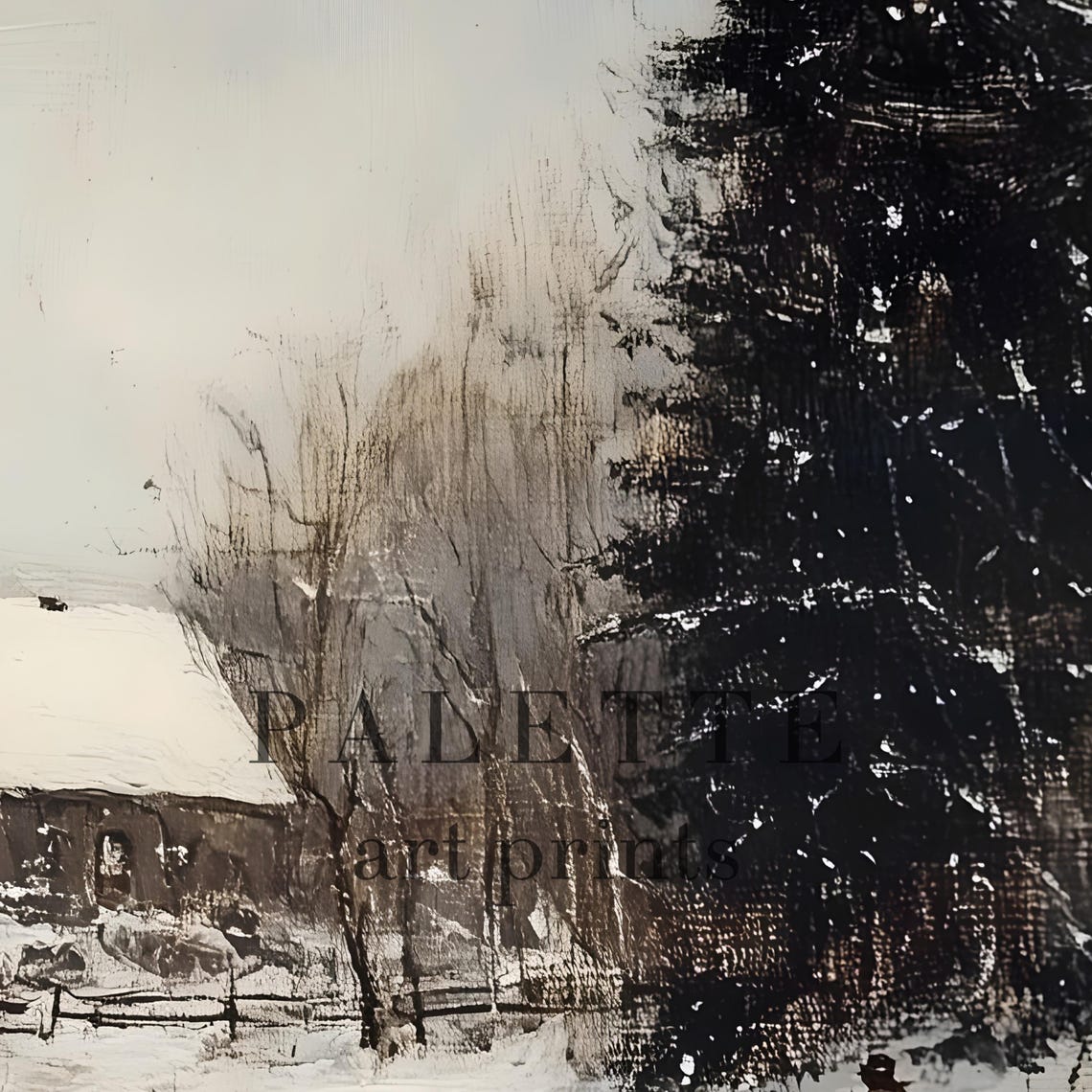 Winter Farmhouse Shepherds Tending Sheep Snowy Pasture Painting Poster - Image 2