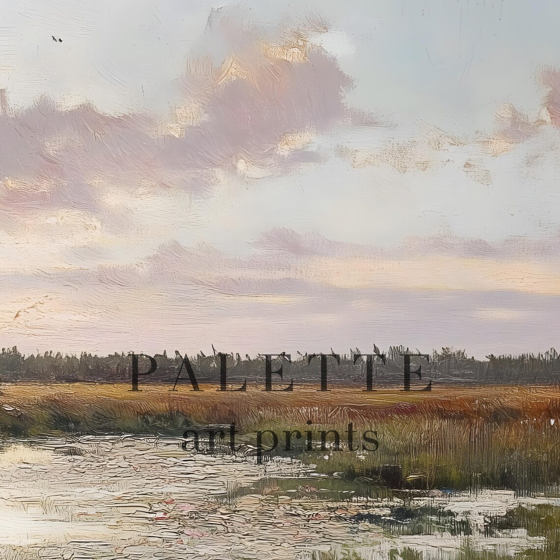 Marsh Pond Birds at Dusk Wildflower Banks Vintage Landscape Poster - Image 2