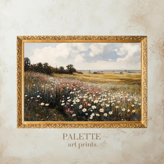 Wildflower Hillside Pastel Clouds Summer Meadow Landscape Poster