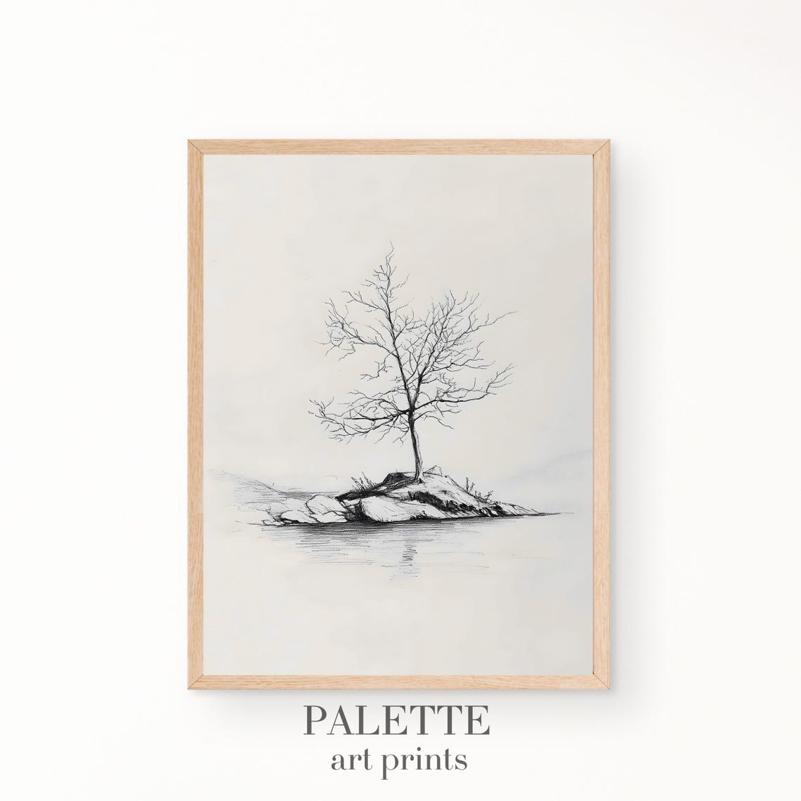 Lone Bare Tree on a Rocky Island Minimal Pencil Sketch Wall Art