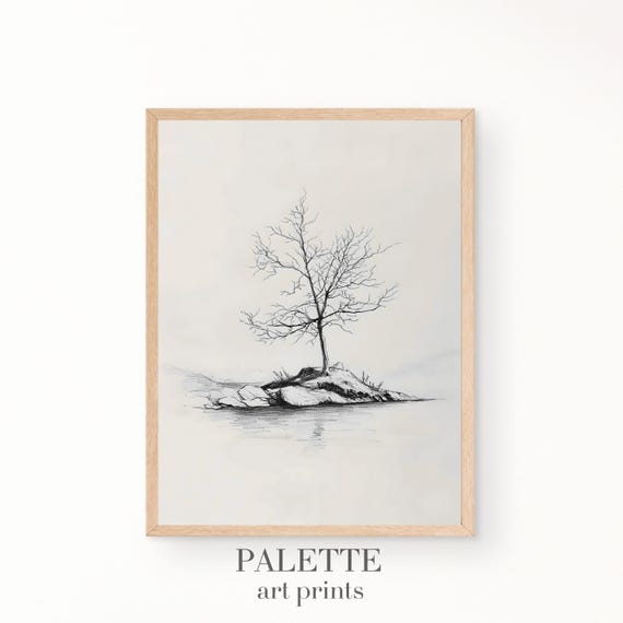 Tree On A Rocky Shoreline Sketch Black And White Minimalist Nature Artwork Serene Rustic Decor For Modern Wall Spaces Skt011