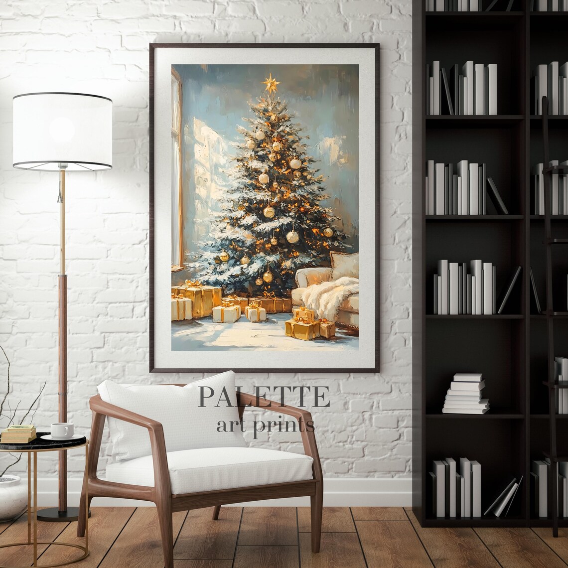 Elegant Gold White Christmas Tree Gifts Cozy Living Room Wall Art - Image 3