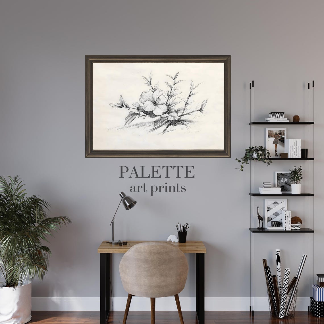 Wild Rose Flower Branch Botanical Pencil Sketch Drawing Poster - Image 2
