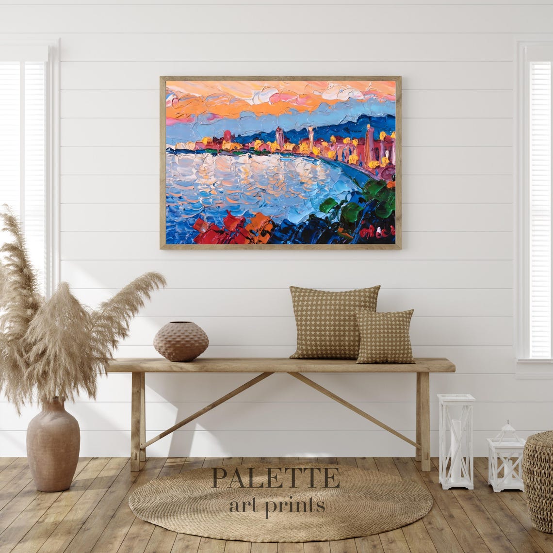 French Riviera Coastal Nightscape Impasto Oil Painting Poster - Image 2