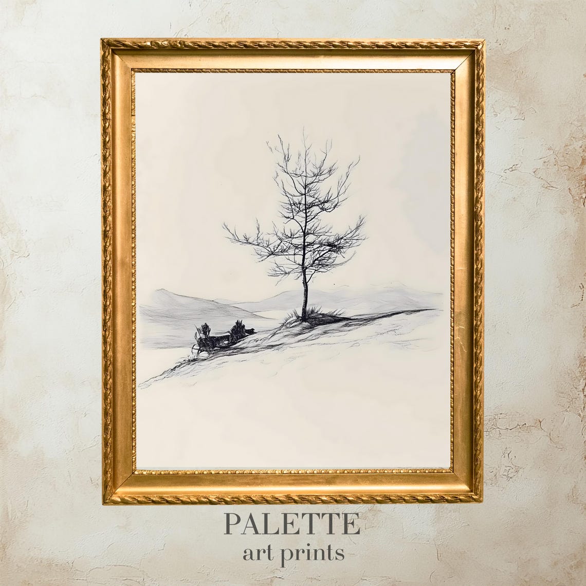 Lone Bare Tree on a Snowy Ridge Minimal Pencil Sketch Wall Art