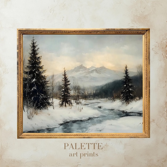 Winter Mountain Stream Winding Through Snowy Pine Forest Poster