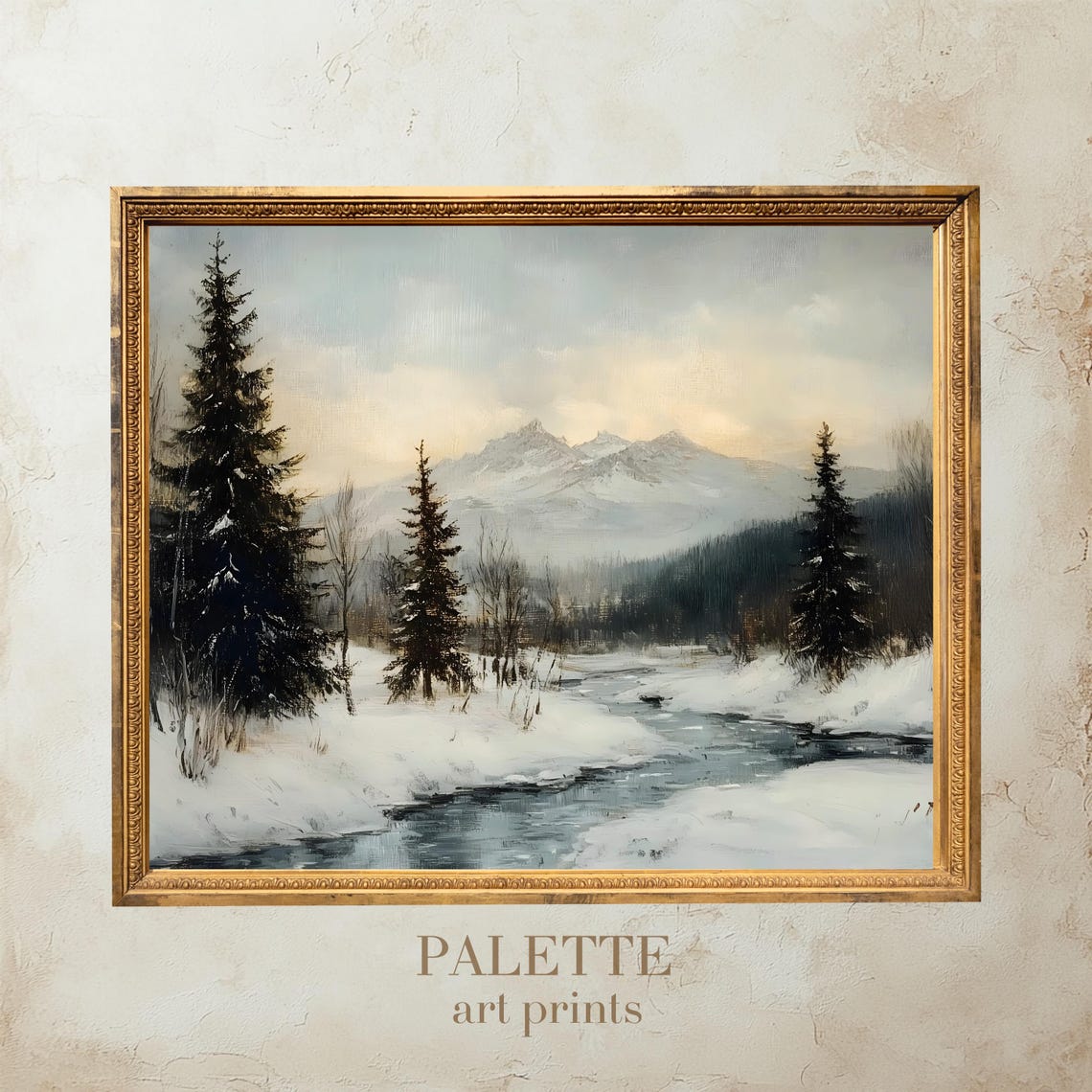 Winter Mountain Stream Winding Through Snowy Pine Forest Poster