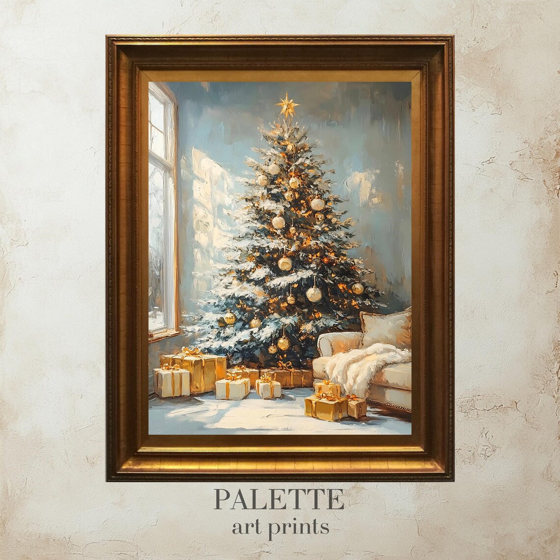 Elegant Gold White Christmas Tree Gifts Cozy Living Room Wall Art