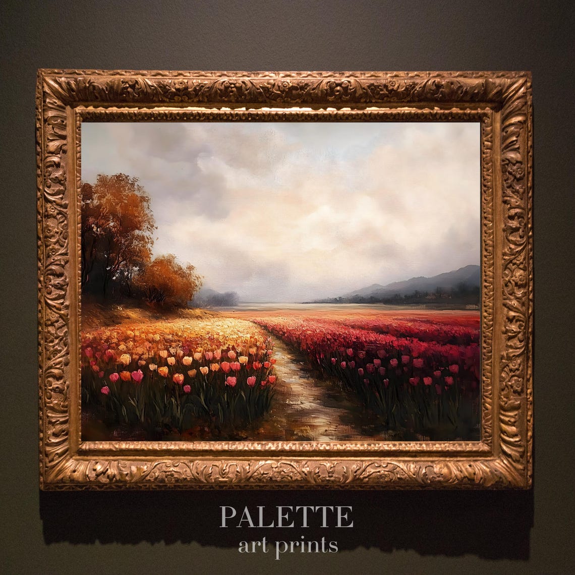 Blooming Tulip Field Rows Glowing Under A Warm Sunset Sky Poster - Image 3