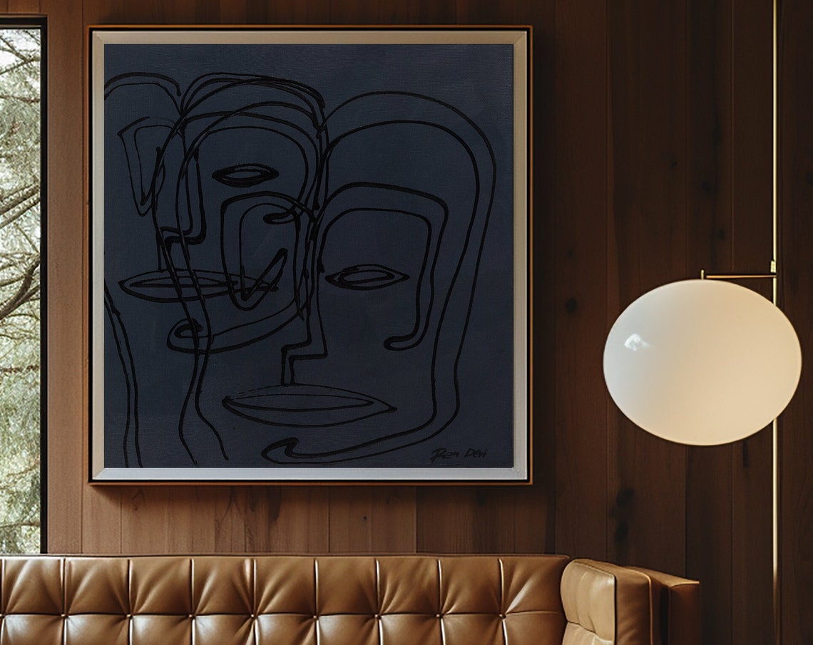 Framed Twin Line Art Faces on Dark Navy Minimalist Abstract Poster