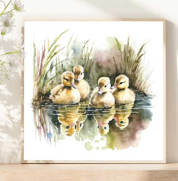 Baby Ducklings Swimming Pond Watercolor Painting Nursery Wall Art