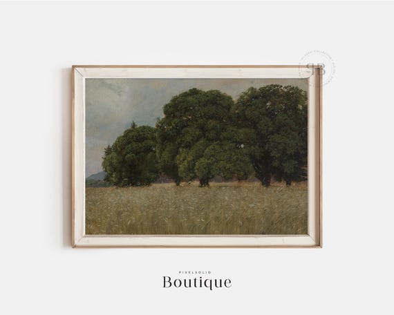 Grassy Field Landscape Oil Painting Print Rustic Tree Scene Wall Art Peaceful Nature Decor Vintage Style No803