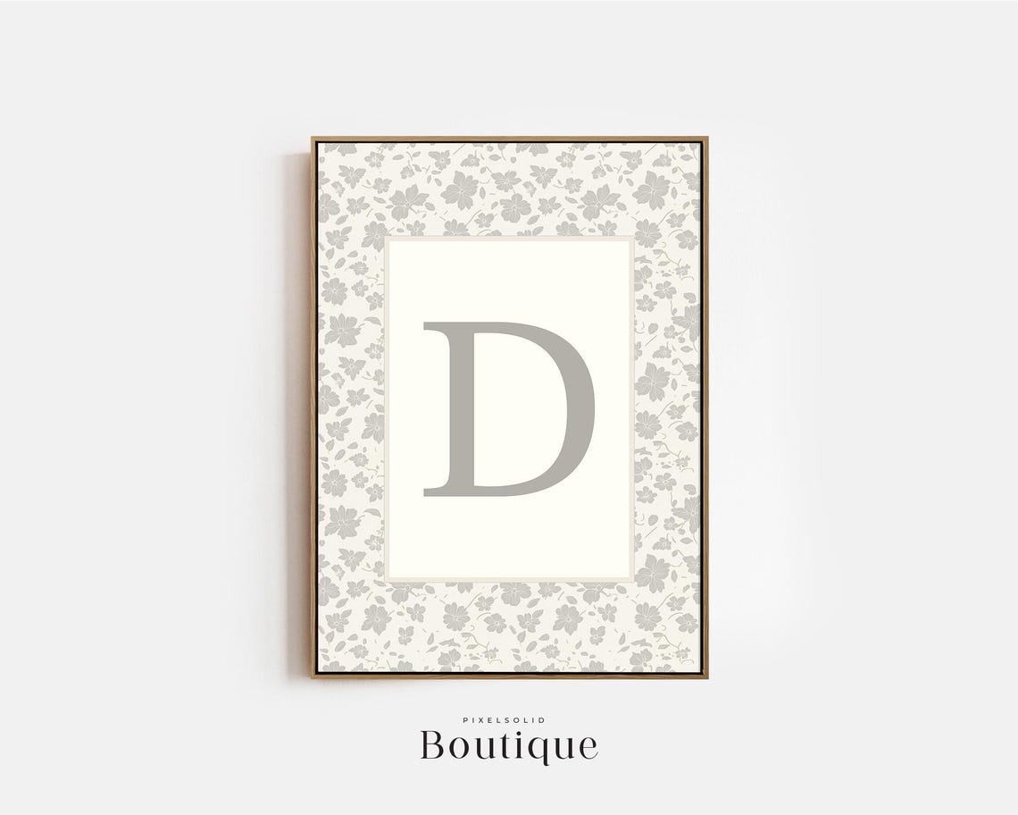 Elegant Floral Monogram Letter D Neutral Gray Nursery Initial Print