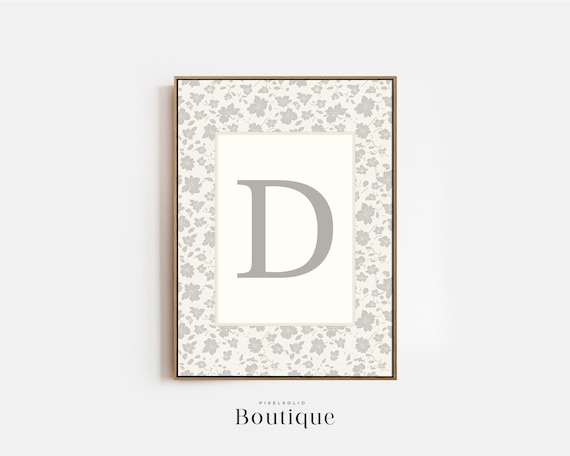 Elegant Floral Monogram Letter D Neutral Gray Nursery Initial Print