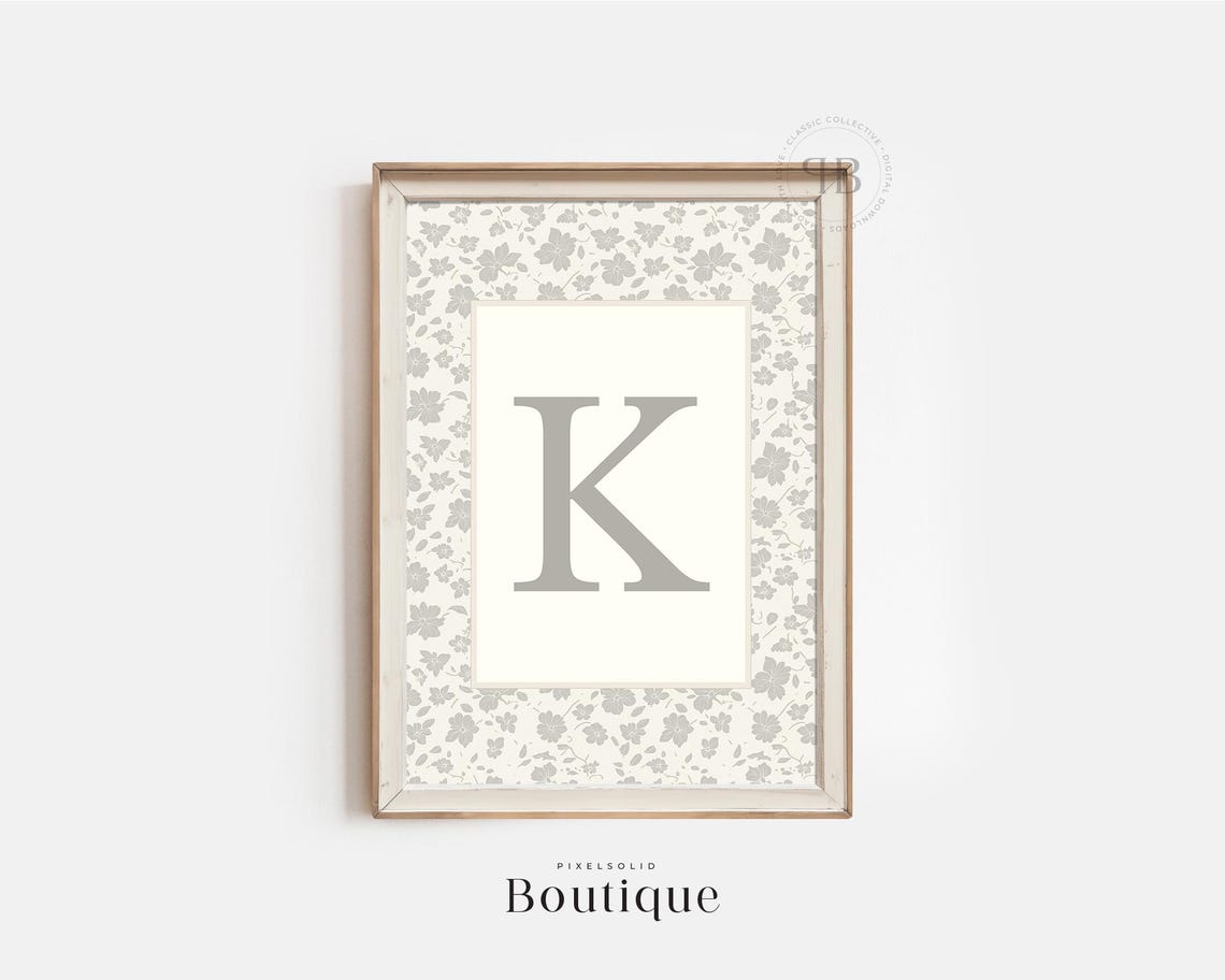 Floral Monogram Letter K Gray Botanical Nursery Wall Art Design