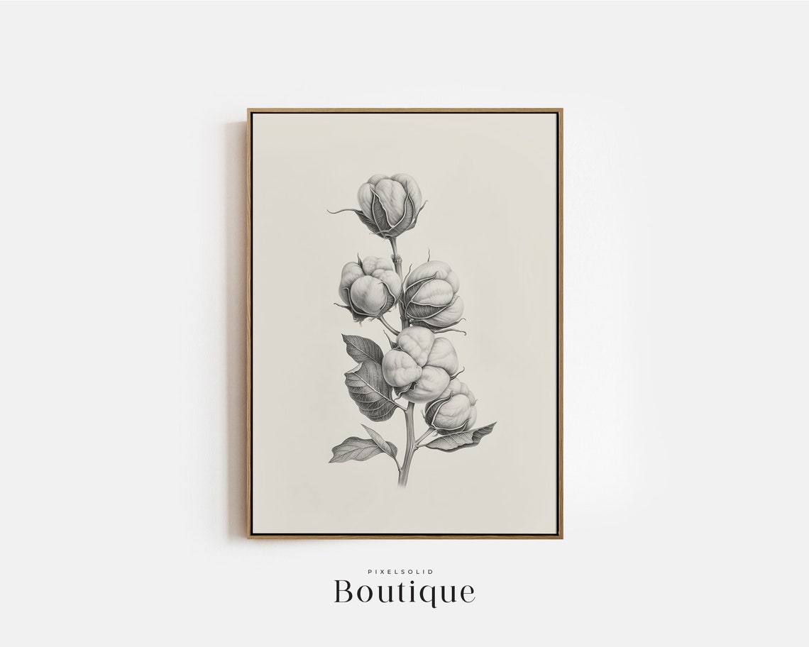 Cotton Branch Sketch Neutral Botanical Minimalist Wall Art Plant