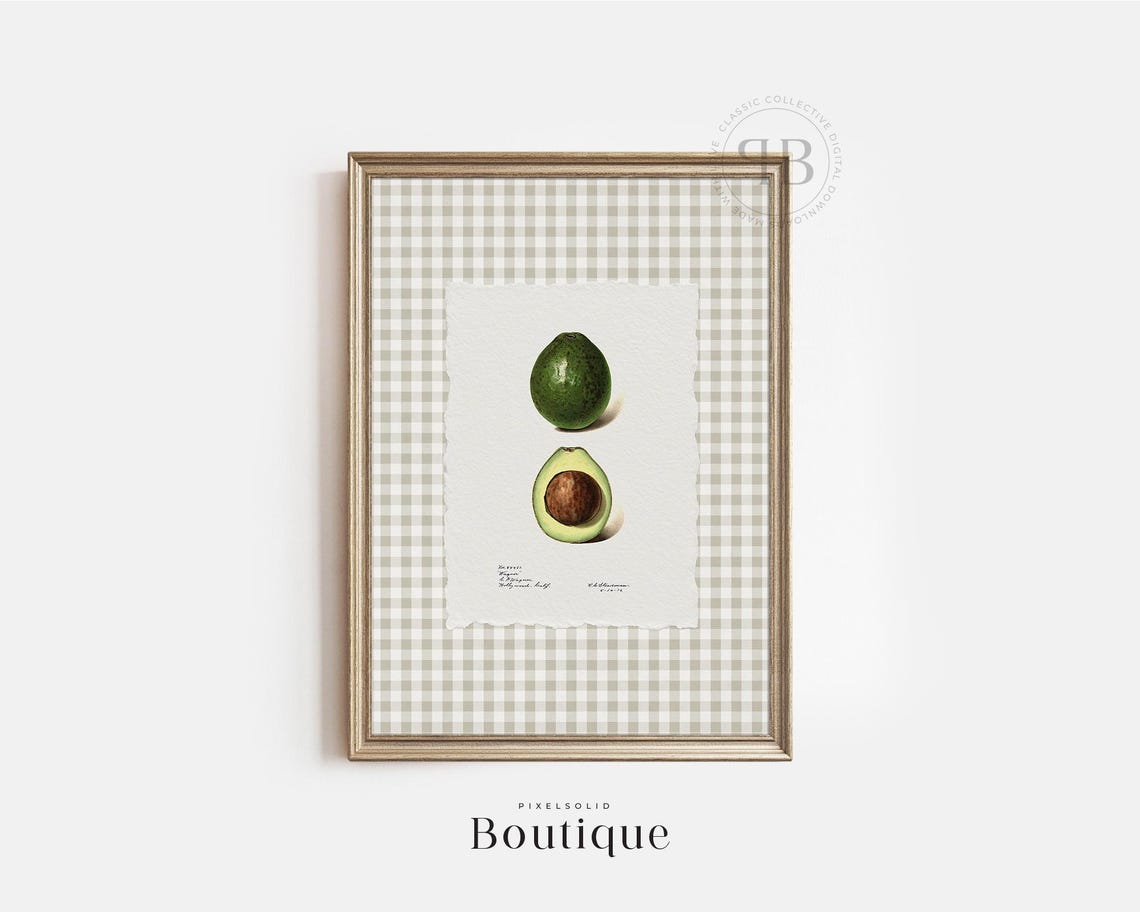 Avocado Botanical Whole Halved Green Vintage Kitchen Gingham Art Print