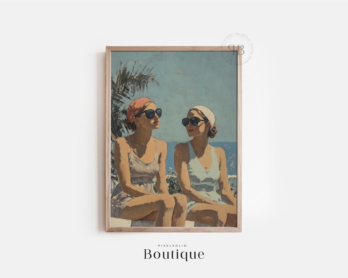 Retro Women Sunbathing, Mid-Century Beach Poster