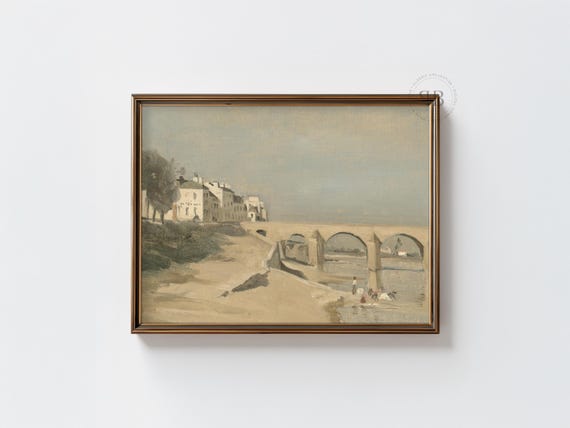 European Bridge Landscape Print Riverside Village Wall Art Beige Countryside Scene Rustic Neutral Decor No841
